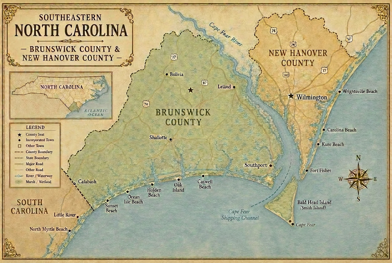 Map of the Brunswick County and New Hanover County coast in southeastern North Carolina, showing the Cape Fear River, Wilmington, Southport, Bald Head Island, and surrounding barrier islands.